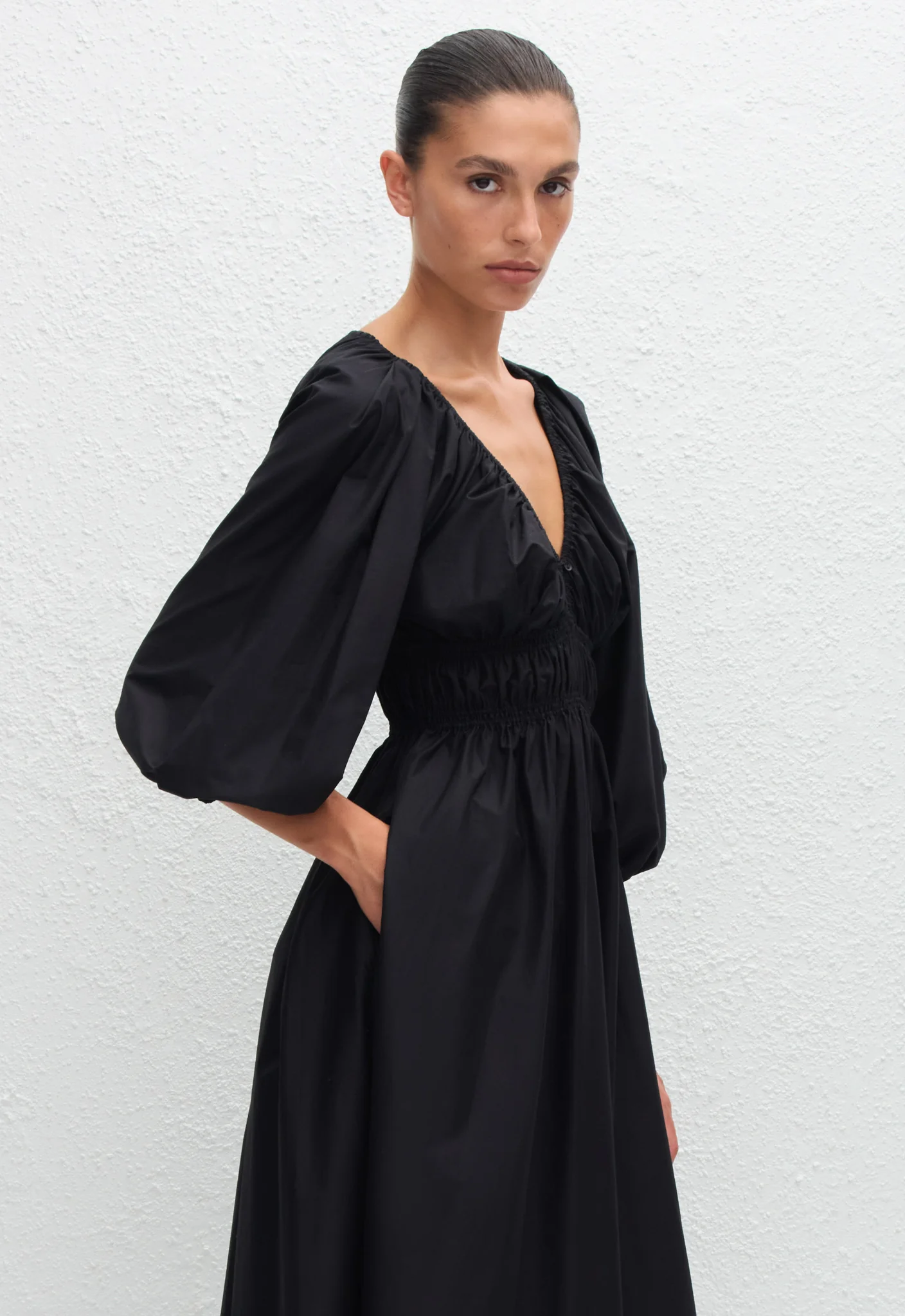 Shirred Plunge Button Dress - Black - Image 3